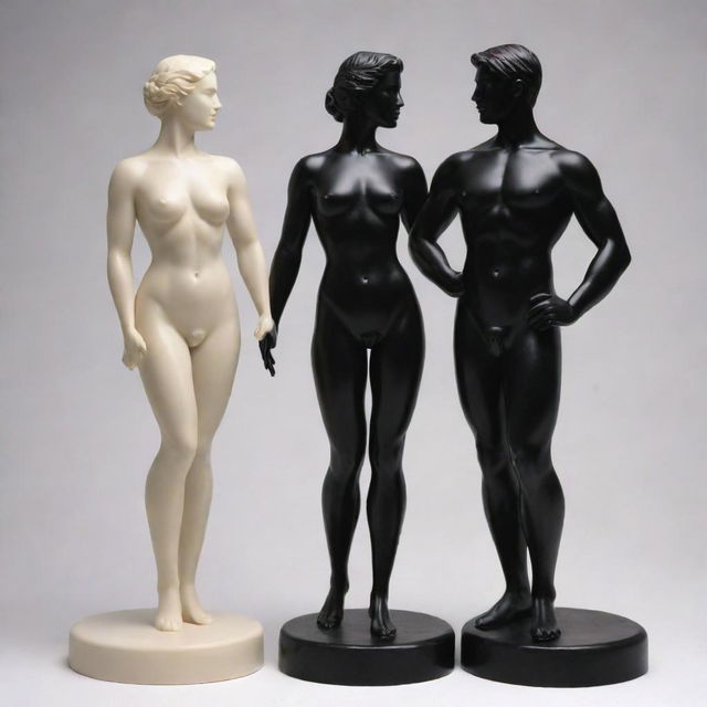 Two figures embodying masculinity and femininity: the masculine figure strong and sturdy, and the feminine figure, graceful and elegant. Both standing in harmony, not opposing but complimenting each other.