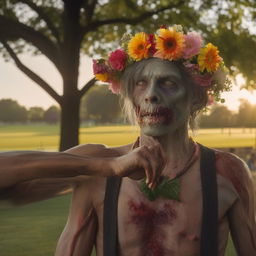 Serene image of a male zombie adorned with a flower headpiece, standing peacefully at the edge of a park where children are playing happily in the gentle morning light.