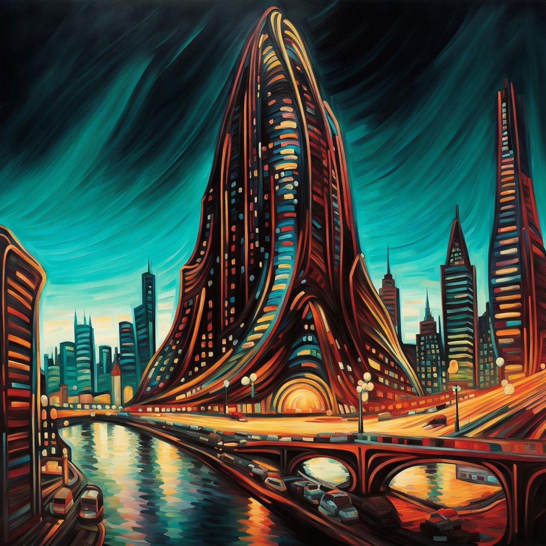 An expansive cityscape painting immersed in the style of Van Gogh, with the brightly lit, ribbon-inspired skyscraper by Zaha Hadid as the focal point.