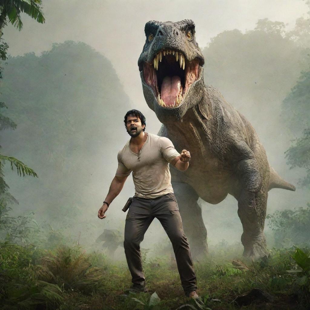 Prabhas, the star actor, striking a heroic pose in the middle of a prehistoric jungle with a roaring dinosaur in the backdrop.