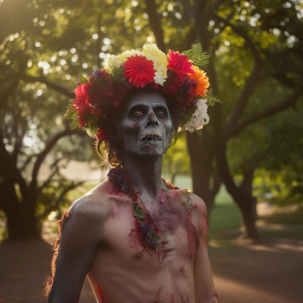 Serene image of a male zombie adorned with a flower headpiece, standing peacefully at the edge of a park where children are playing happily in the gentle morning light.