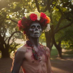 Serene image of a male zombie adorned with a flower headpiece, standing peacefully at the edge of a park where children are playing happily in the gentle morning light.