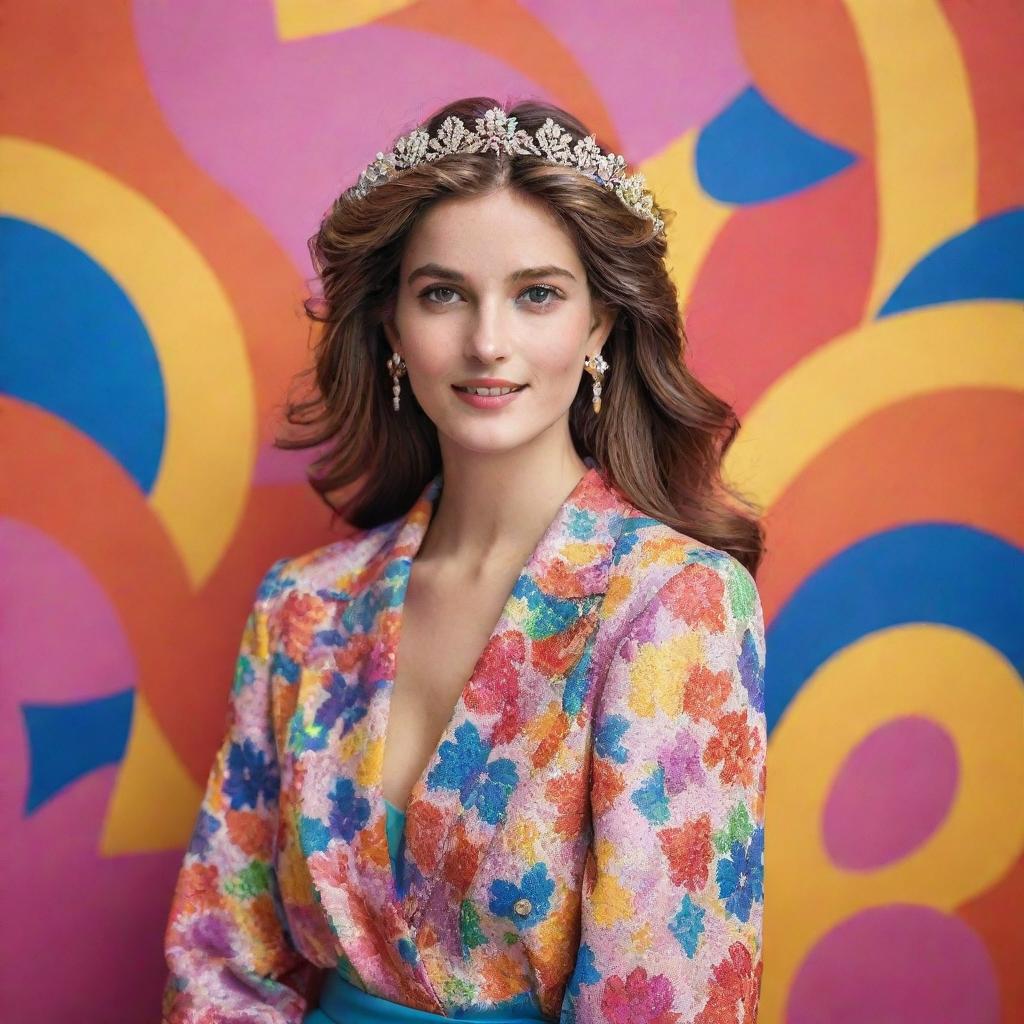 Imagery showcasing Diana, a youthful and radiant girl, marked by her vivacious personality and adorned in stylish attire amidst a colorful backdrop.