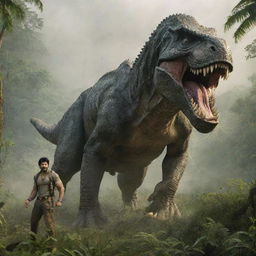 Prabhas, the star actor, striking a heroic pose in the middle of a prehistoric jungle with a roaring dinosaur in the backdrop.