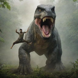 Prabhas, the star actor, striking a heroic pose in the middle of a prehistoric jungle with a roaring dinosaur in the backdrop.