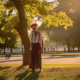 Serene image of a male zombie adorned with a flower headpiece, standing peacefully at the edge of a park where children are playing happily in the gentle morning light.