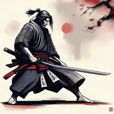 The samurai's sword quivered in his hand as he prepared to strike down his opponent, showcasing his immense power and precision.