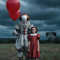 Intriguing image of a friendly girl named Diana, fearlessly standing next to Pennywise the Clown, under a dusky dramatic backdrop.