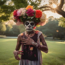 Serene image of a male zombie adorned with a flower headpiece, standing peacefully at the edge of a park where children are playing happily in the gentle morning light.