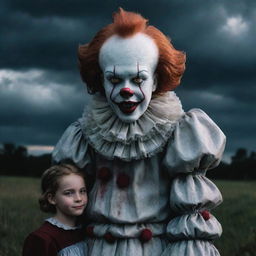 Intriguing image of a friendly girl named Diana, fearlessly standing next to Pennywise the Clown, under a dusky dramatic backdrop.