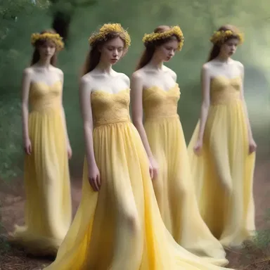 In the mystical realm, the fairies wore delicate silk gowns in shades of maize, perfectly matching the ethereal atmosphere.