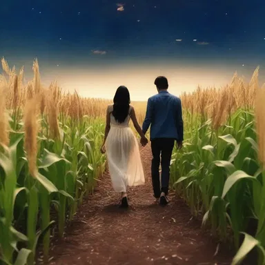 Under the starry sky, the couple walked hand in hand through the maize fields, their love blossoming amidst the golden stalks.