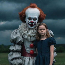 Intriguing image of a friendly girl named Diana, fearlessly standing next to Pennywise the Clown, under a dusky dramatic backdrop.