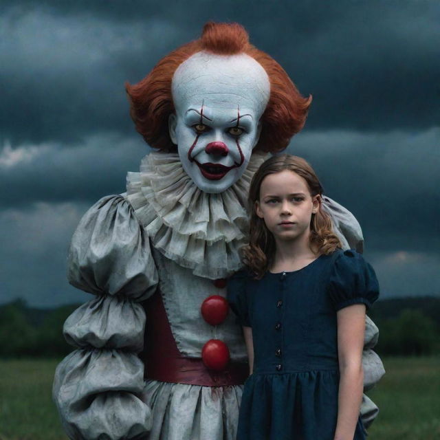 Intriguing image of a friendly girl named Diana, fearlessly standing next to Pennywise the Clown, under a dusky dramatic backdrop.