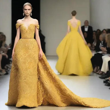 The fashion designer showcased a stunning gown inspired by maize, with intricate beadwork resembling kernels and a flowing golden train.