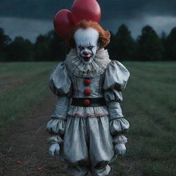 Intriguing image of a friendly girl named Diana, fearlessly standing next to Pennywise the Clown, under a dusky dramatic backdrop.