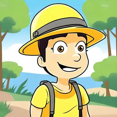 The cartoon character always wears a yellow sun visor to protect themselves from the sun during their outdoor adventures.