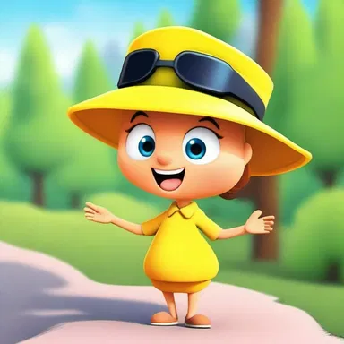 The cartoon character always wears a yellow sun visor to protect themselves from the sun during their outdoor adventures.