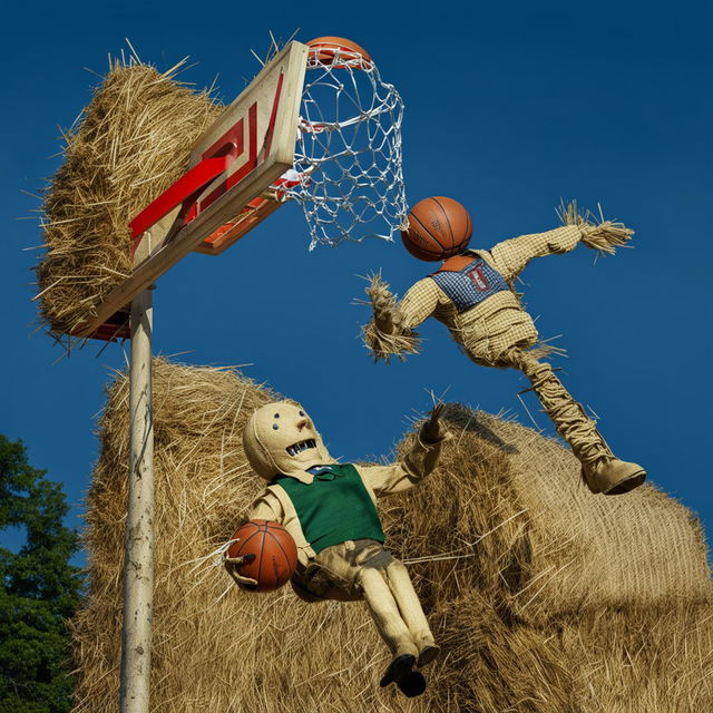 A scarecrow constructed of straw, dynamically positioned in mid-air as it spectacularly dunks a basketball through a hoop crafted from hay.