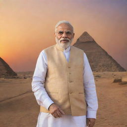 India's Prime Minister Narendra Modi, dressed in his signature attire, standing with iconic Egyptian pyramids as the backdrop, and a vibrant sunset painting the horizon.