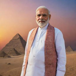 India's Prime Minister Narendra Modi, dressed in his signature attire, standing with iconic Egyptian pyramids as the backdrop, and a vibrant sunset painting the horizon.