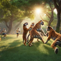 A group of animated tigers engaging in a playful game of football on a lush green field, with sunlight filtering through the canopy of nearby trees.