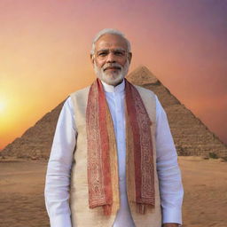 India's Prime Minister Narendra Modi, dressed in his signature attire, standing with iconic Egyptian pyramids as the backdrop, and a vibrant sunset painting the horizon.