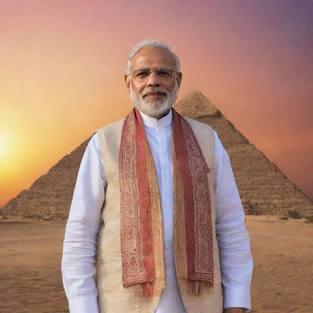 India's Prime Minister Narendra Modi, dressed in his signature attire, standing with iconic Egyptian pyramids as the backdrop, and a vibrant sunset painting the horizon.