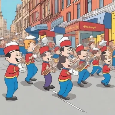 In the cartoon, the characters joined a marching band and paraded through the streets.