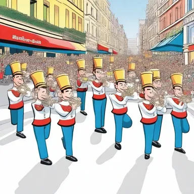 In the cartoon, the characters joined a marching band and paraded through the streets.