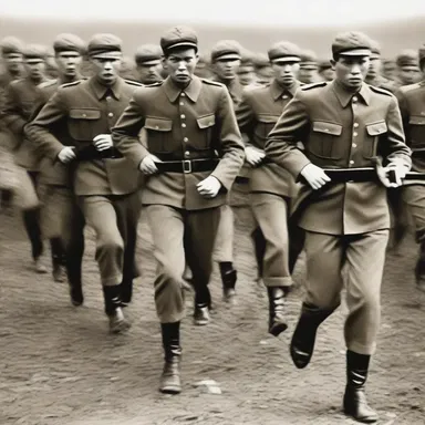 The author vividly described the soldiers' synchronized marching in his war novel.