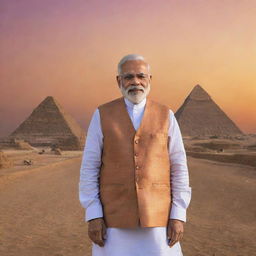 India's Prime Minister Narendra Modi, dressed in his signature attire, standing with iconic Egyptian pyramids as the backdrop, and a vibrant sunset painting the horizon.