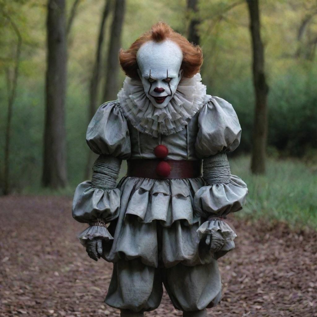 Pennywise the Clown in an unconventional setting, standing casually beside an equally intriguing, yet friendly character.