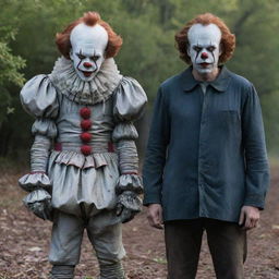 Pennywise the Clown in an unconventional setting, standing casually beside an equally intriguing, yet friendly character.