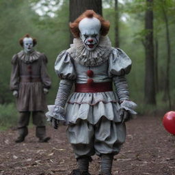 Pennywise the Clown in an unconventional setting, standing casually beside an equally intriguing, yet friendly character.