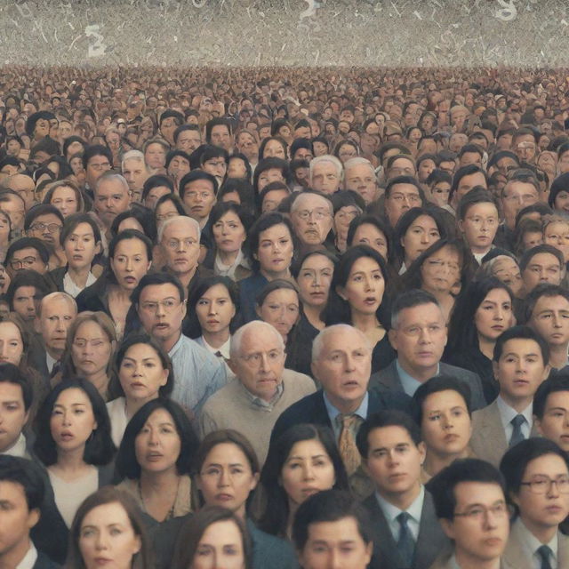 Depicted is a crowd of diverse people, all visibly stressed or worried. Behind them, large numbers and financial symbols float ominously in the air to represent inflation.