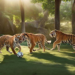 A group of animated tigers engaging in a playful game of football on a lush green field, with sunlight filtering through the canopy of nearby trees.