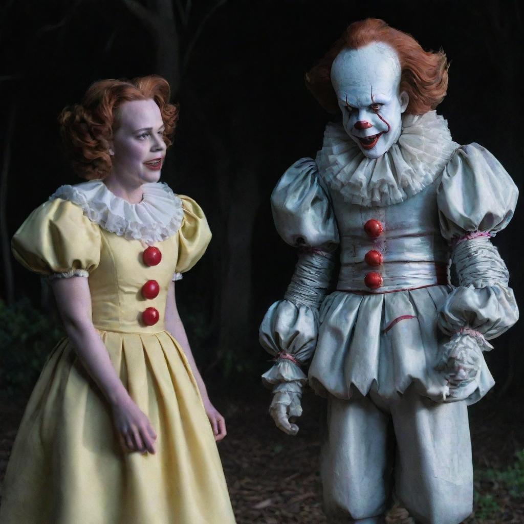 A unique scene of Pennywise the Clown in an amiable light, standing alongside his peculiar friend, Diana, in a tense yet playful atmosphere.