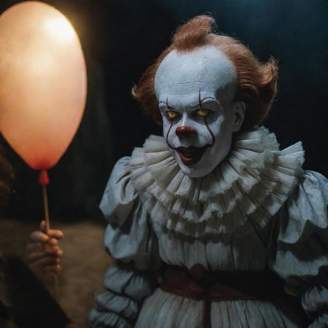 A unique scene of Pennywise the Clown in an amiable light, standing alongside his peculiar friend, Diana, in a tense yet playful atmosphere.