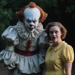 A unique scene of Pennywise the Clown in an amiable light, standing alongside his peculiar friend, Diana, in a tense yet playful atmosphere.