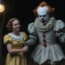 A unique scene of Pennywise the Clown in an amiable light, standing alongside his peculiar friend, Diana, in a tense yet playful atmosphere.