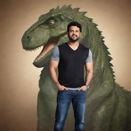 Prabhas standing confidently with a dinosaur-themed logo in the background. Prabhas has a charismatic presence while the dinosaur logo incorporates elements of strength and creativity.