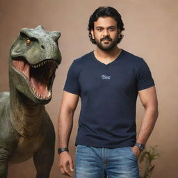 Prabhas standing confidently with a dinosaur-themed logo in the background. Prabhas has a charismatic presence while the dinosaur logo incorporates elements of strength and creativity.