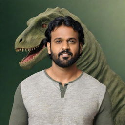 Prabhas standing confidently with a dinosaur-themed logo in the background. Prabhas has a charismatic presence while the dinosaur logo incorporates elements of strength and creativity.