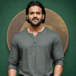 Prabhas standing confidently with a dinosaur-themed logo in the background. Prabhas has a charismatic presence while the dinosaur logo incorporates elements of strength and creativity.