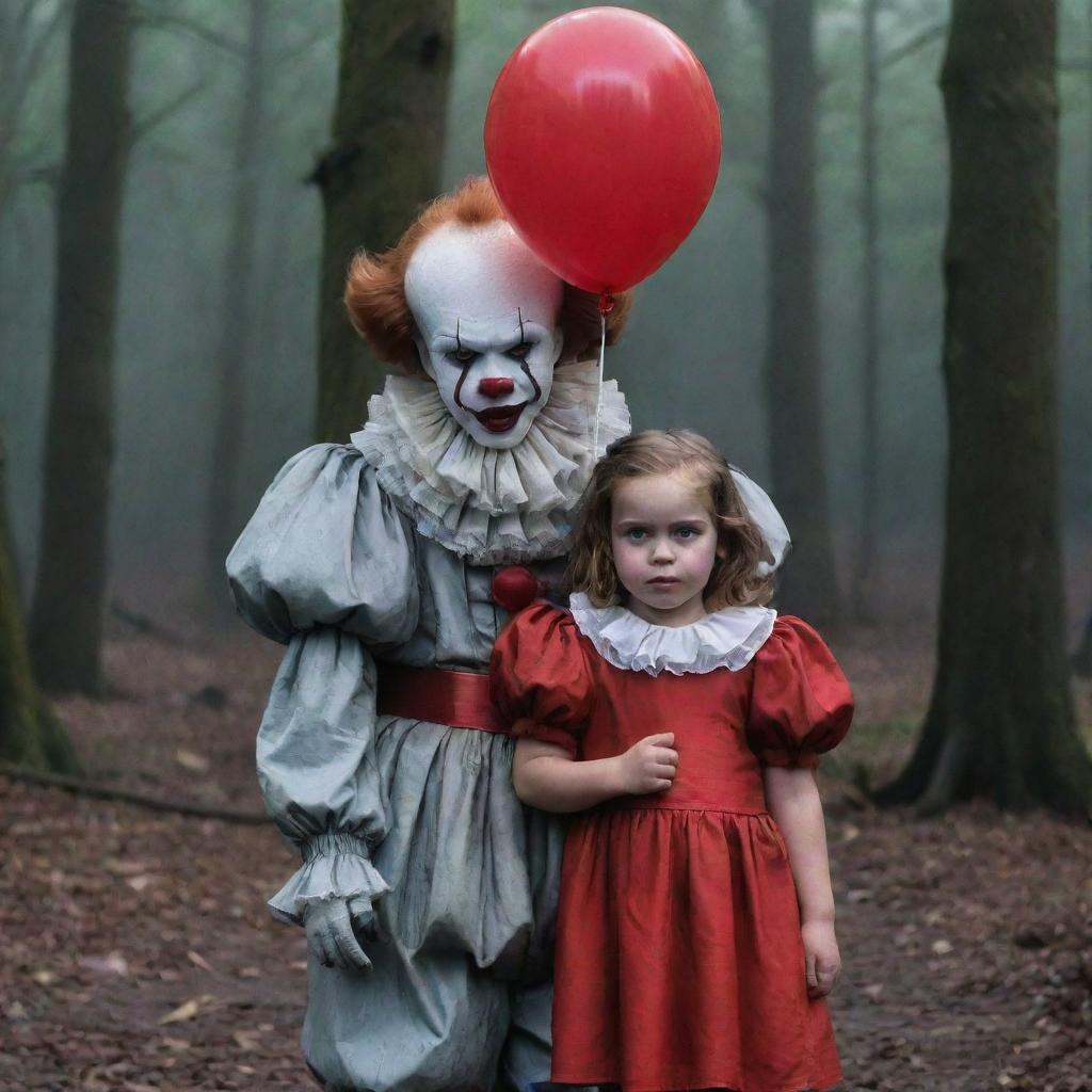 An unexpected juxtaposition of the terrifying Pennywise the Clown with his friend, a cute and brimming girl named Diana, against a creatively eerie background.