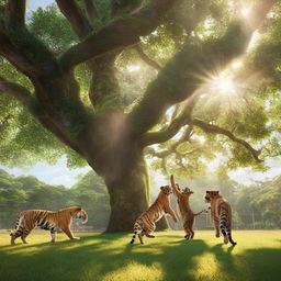 A group of animated tigers engaging in a playful game of football on a lush green field, with sunlight filtering through the canopy of nearby trees.