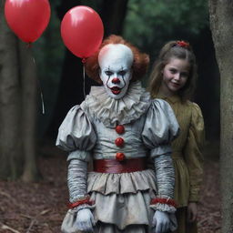 An unexpected juxtaposition of the terrifying Pennywise the Clown with his friend, a cute and brimming girl named Diana, against a creatively eerie background.