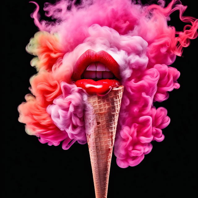 A delicious ice cream in a cone under the bite of juicy red lips, surrounded by technicolor smoke.