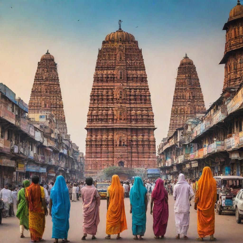 Aliens exploring India: towering figures curious and fascinated, in the foreground of a bustling Indian cityscape with iconic Indian architecture and vibrant colors marking the streets.